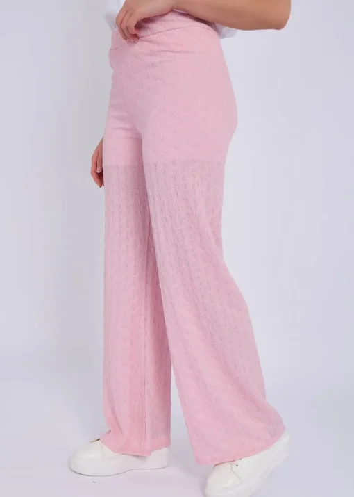 Gini London Pink Textured Elasticated Waist Flared Trousers