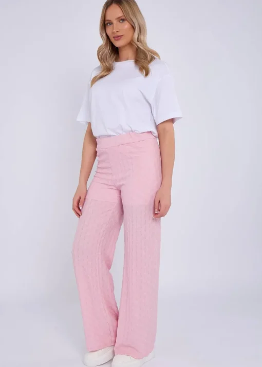 Gini London Pink Textured Elasticated Waist Flared Trousers