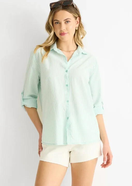 Gini London Sage Green Cotton Stripe Roll Up Sleeves Shirt