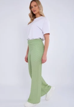 Gini London Sage Green Textured Elasticated Waist Flared Trousers