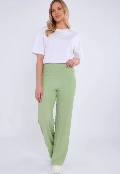 Gini London Sage Green Textured Elasticated Waist Flared Trousers