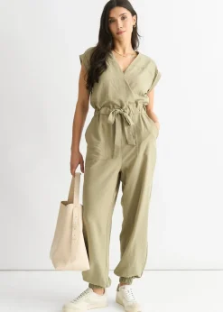 Gini London Sage Green Wrap Belted Utility Jumpsuit