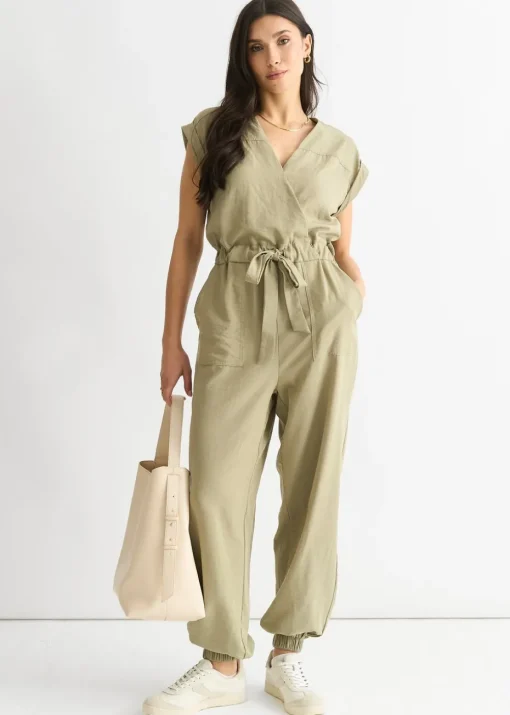 Gini London Sage Green Wrap Belted Utility Jumpsuit