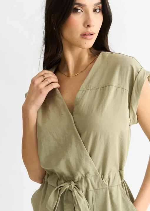 Gini London Sage Green Wrap Belted Utility Jumpsuit