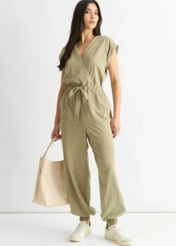 Gini London Sage Green Wrap Belted Utility Jumpsuit