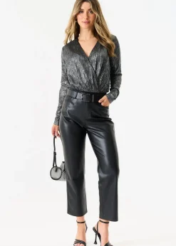 Gini London Silver Metallic Plisse Wrap Front Bodysuit