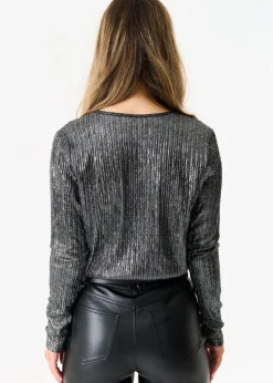 Gini London Silver Metallic Plisse Wrap Front Bodysuit