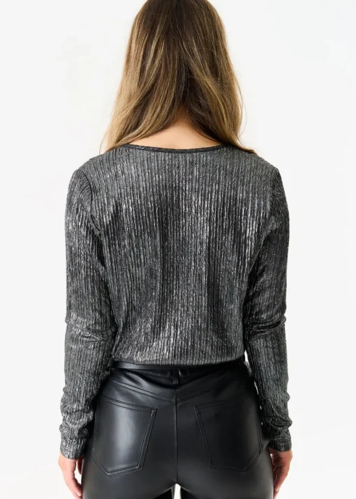 Gini London Silver Metallic Plisse Wrap Front Bodysuit