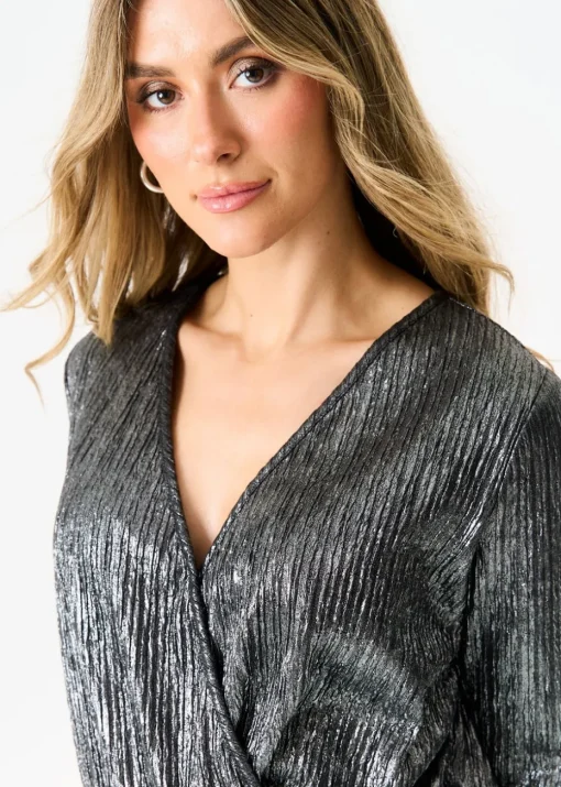 Gini London Silver Metallic Plisse Wrap Front Bodysuit