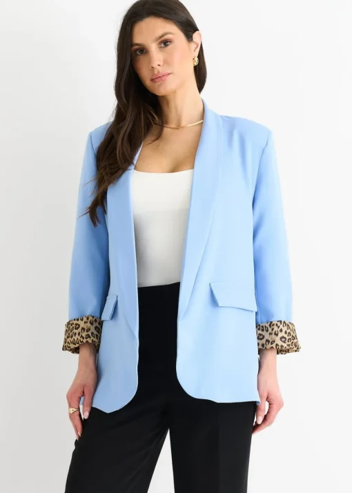 Gini London Sky Blue Contrast Animal Edge To Edge Blazer