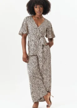Gini London Tan Satin Animal Angel Sleeves Wrap Jumpsuit