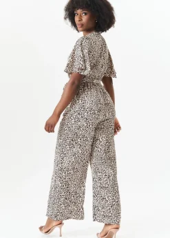Gini London Tan Satin Animal Angel Sleeves Wrap Jumpsuit