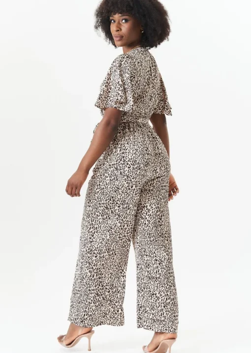 Gini London Tan Satin Animal Angel Sleeves Wrap Jumpsuit