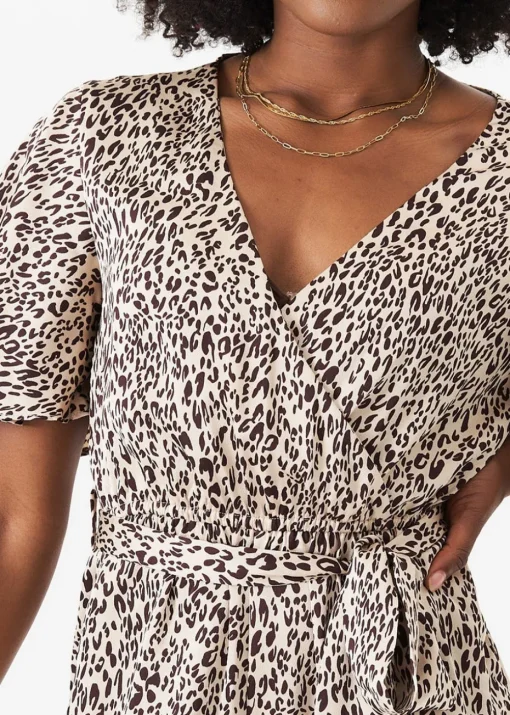 Gini London Tan Satin Animal Angel Sleeves Wrap Jumpsuit