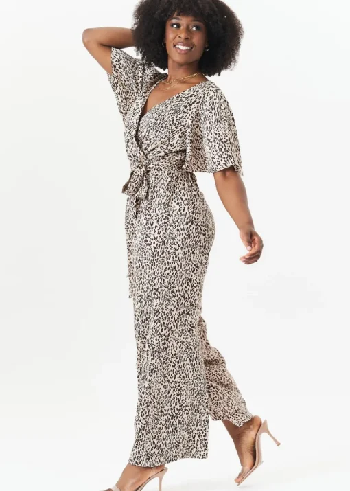 Gini London Tan Satin Animal Angel Sleeves Wrap Jumpsuit
