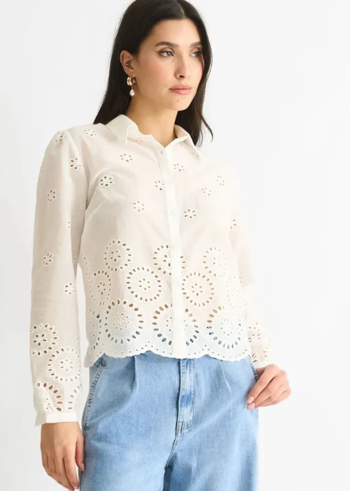 Gini London White Cotton Broderie Scallop Boxy Shirt Sequin V Neck Cami Top