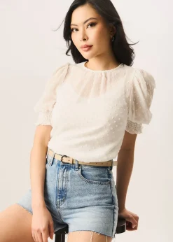 Gini London White Dobby Chiffon Shirred Cuff Blouse