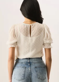 Gini London White Dobby Chiffon Shirred Cuff Blouse