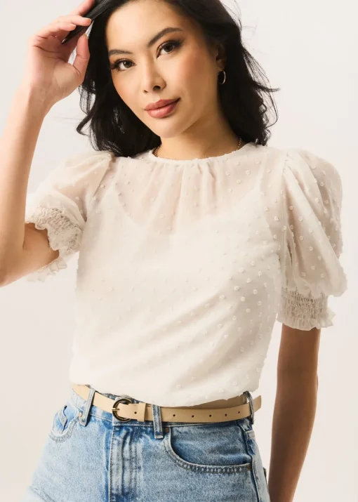 Gini London White Dobby Chiffon Shirred Cuff Blouse