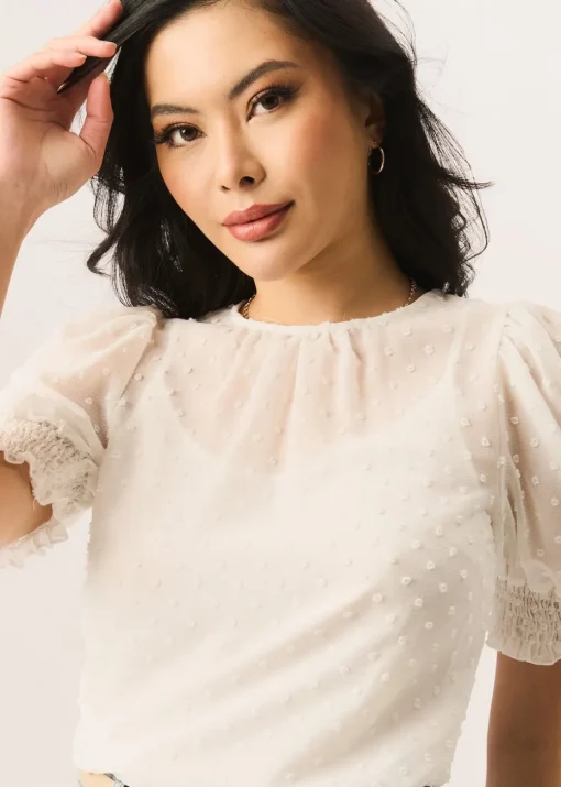 Gini London White Dobby Chiffon Shirred Cuff Blouse