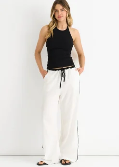 Gini London White Linen Look Contrast Stripe Drawstring Trouser