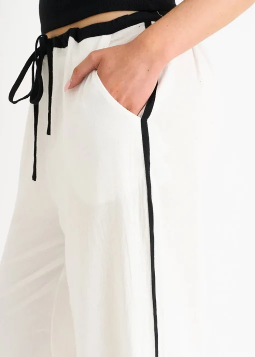 Gini London White Linen Look Contrast Stripe Drawstring Trouser