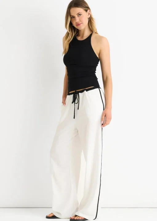 Gini London White Linen Look Contrast Stripe Drawstring Trouser