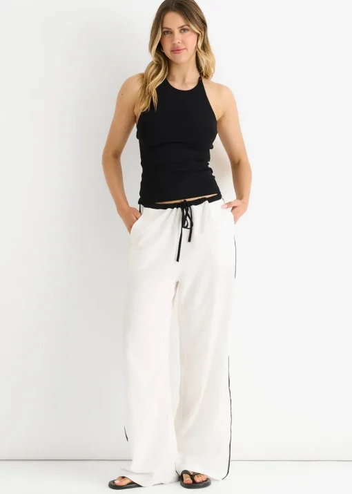 Gini London White Linen Look Contrast Stripe Drawstring Trouser