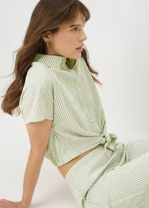 Green Co Ord Stripe Tie Front Shirt