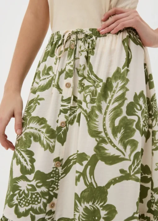 Green Floral Button Front Tiered Midaxi Skirt