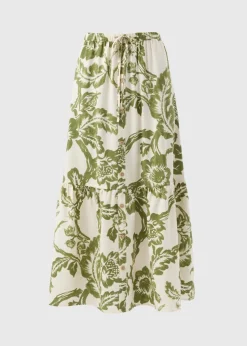 Green Floral Button Front Tiered Midaxi Skirt