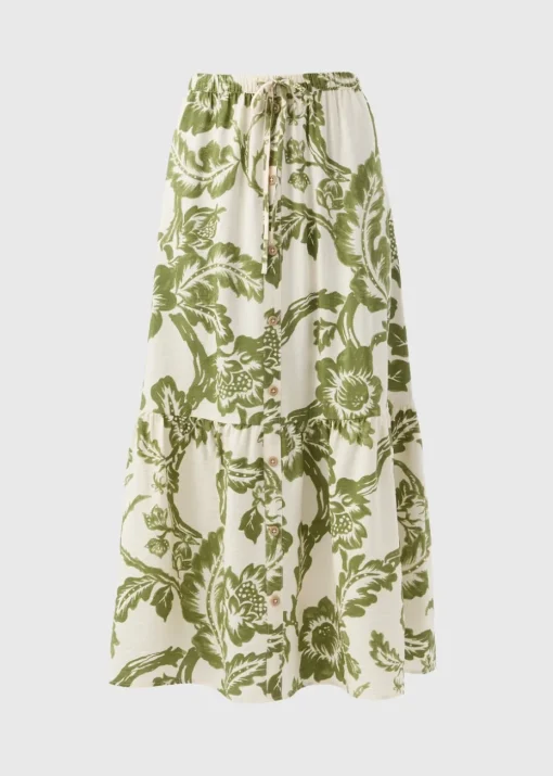 Green Floral Button Front Tiered Midaxi Skirt