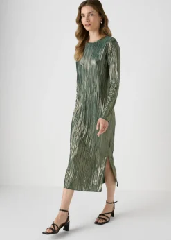 Green Metallic Plisse Midi Dress