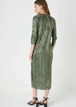 Green Metallic Plisse Midi Dress