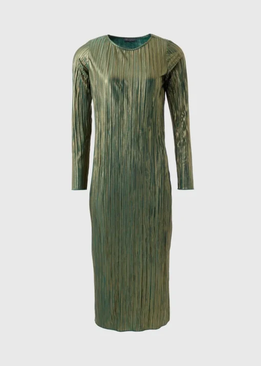 Green Metallic Plisse Midi Dress