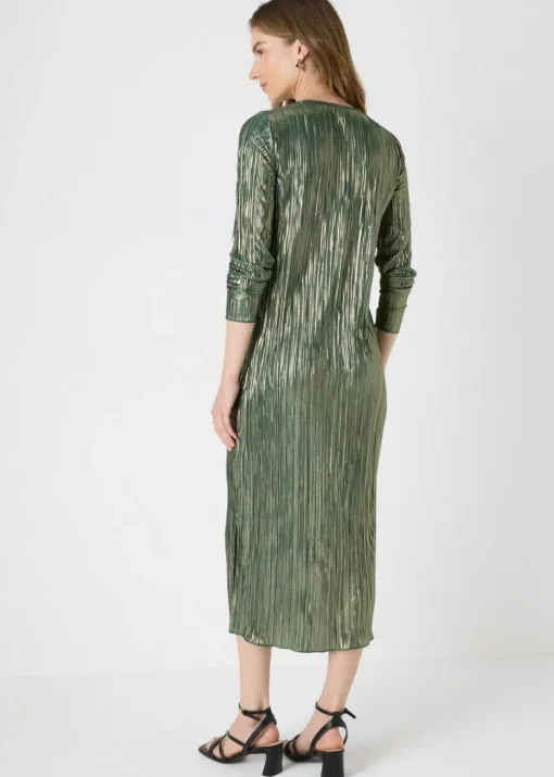 Green Metallic Plisse Midi Dress