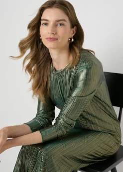 Green Metallic Plisse Midi Dress