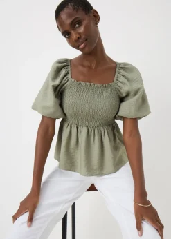 Green Shirred Tie Back Blouse