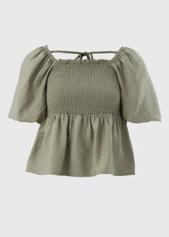 Green Shirred Tie Back Blouse