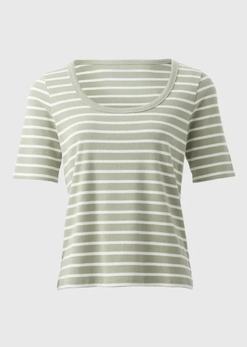 Green Stripe Ribbed Scoop Neck Top