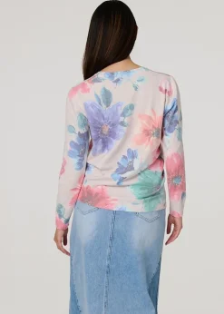 Izabel London Beige Floral Diamante Detail Long Sleeve Jumper