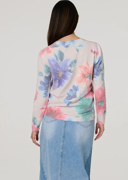 Izabel London Beige Floral Diamante Detail Long Sleeve Jumper