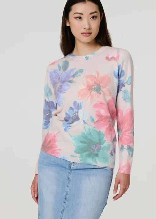 Izabel London Beige Floral Diamante Detail Long Sleeve Jumper