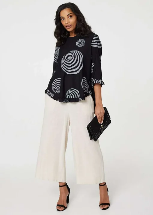 Izabel London Black Abstract Print Frill Hem Tunic Top