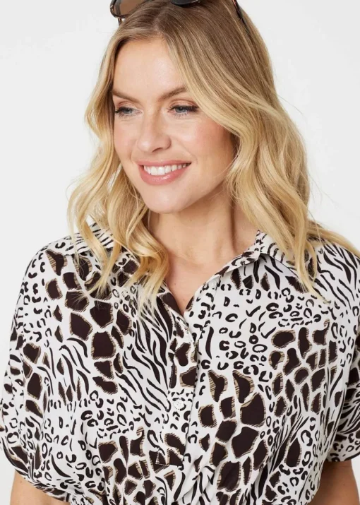Izabel London Black And White Animal Print Shirred Waist Blouse