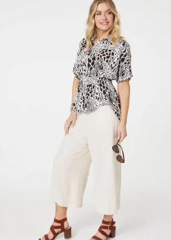 Izabel London Black And White Animal Print Shirred Waist Blouse