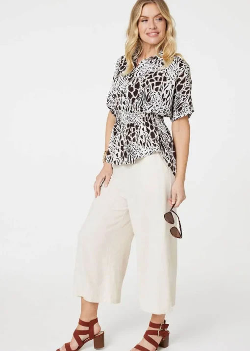 Izabel London Black And White Animal Print Shirred Waist Blouse