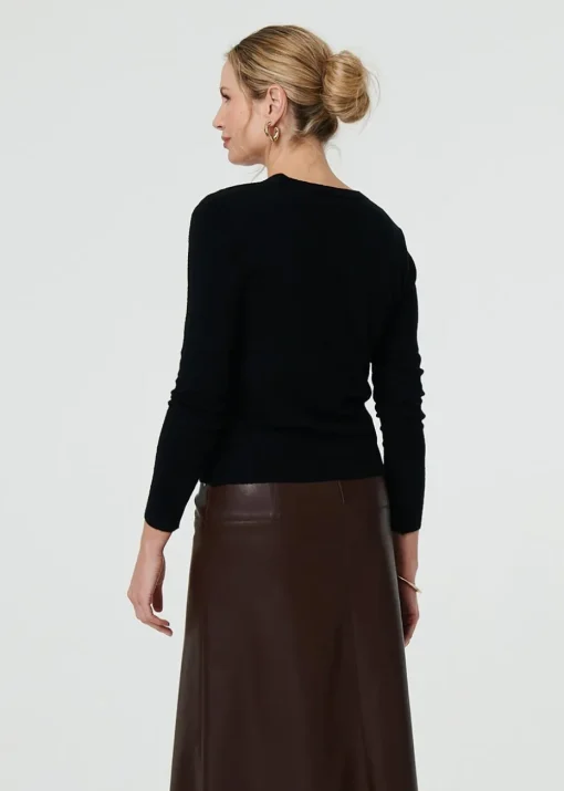 Izabel London Black Cropped Button Up Slim Knit Cardigan