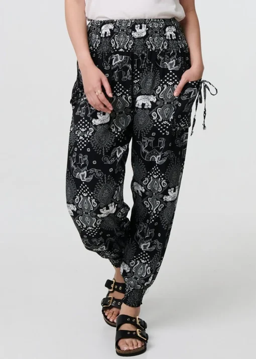 Izabel London Black Elephant Print Relaxed Harem Pants