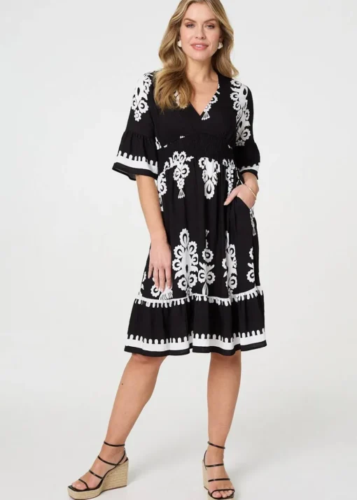 Izabel London Black Ikat Print Relaxed Short Dress
